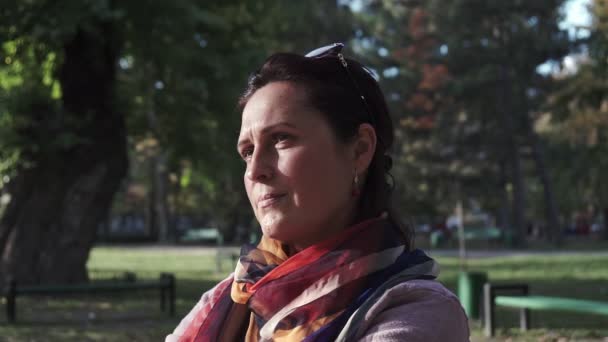 Closeup Portrait Young Woman Autumn Park — Stock Video