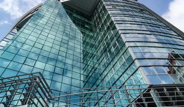 September 16, 2019. Kishinev, Republic of Moldova. Underside panoramic and perspective view to steel blue glass high rise building skyscrapers — Stock Photo, Image