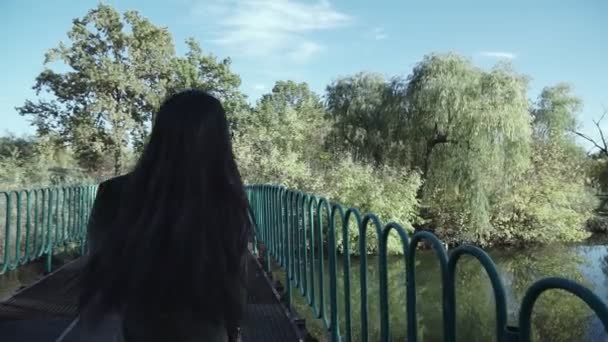 Ελκυστική Νεαρή Γυναίκα Καπέλο Περπατάει Κατά Μήκος Μιας Γέφυρας Πάνω — Αρχείο Βίντεο