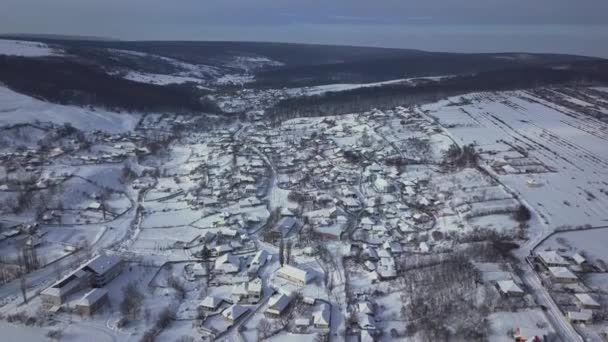 Letecký Pohled Vesnice Mezi Poli Lesy Zimě Zimní Krajina Zasněžené — Stock video