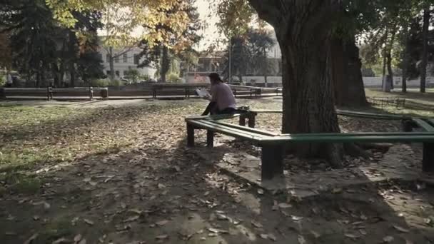 Eine Junge Frau Sitzt Auf Einer Bank Herbstpark Steadicam Aufnahme — Stockvideo