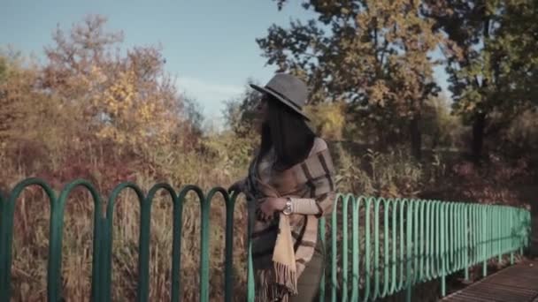 Приваблива Молода Жінка Капелюсі Йде Мосту Над Озером Осінньому Парку — стокове відео