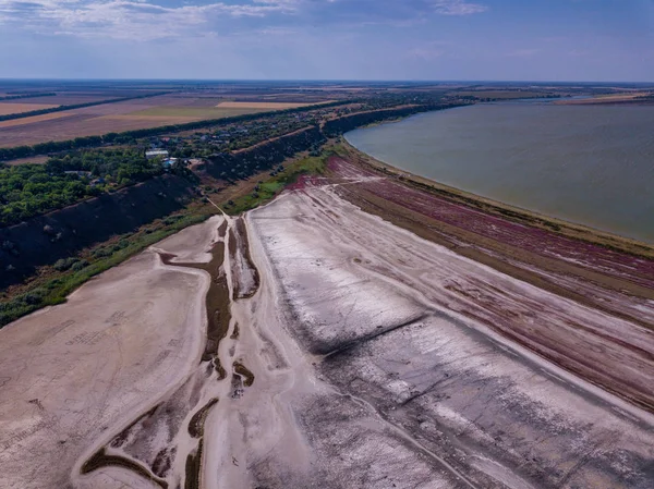 Amazing beauty of drying urortnoe estuary from bird's flight. Top view of coastal zone of ecological reserve Curortnoe estuary, Odessa, Ukraine. Aerial view from drone to sea estuaries in suburban — Stock Photo, Image