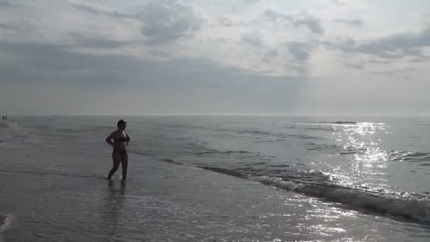 Mujer Silueta Admirando Hermoso Pintoresco Amanecer Desde Agua Mar Playa — Vídeo de stock