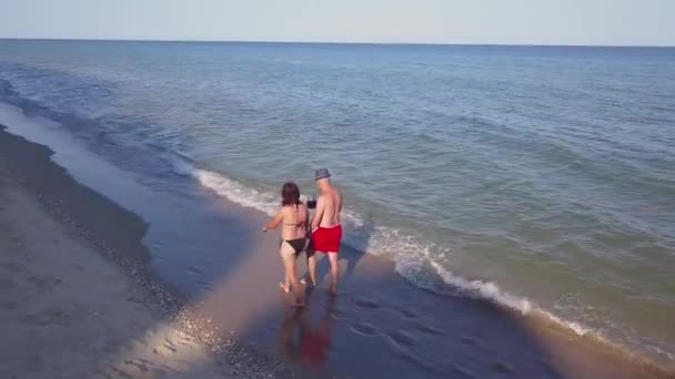 Man Vrouw Wandelen Langs Het Strand Bij Zonsondergang Volgen Luchtfoto — Stockvideo