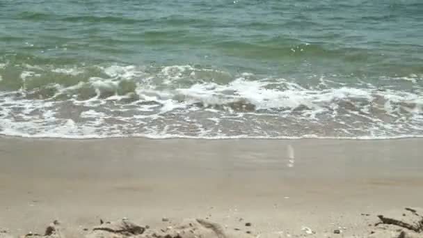 Zbliżenie fal morskich wypływających na brzeg piaszczystej plaży. Zwolniony ruch. — Wideo stockowe