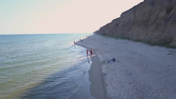 サンセットのビーチを歩く男と女ビーチで楽しい休暇を過ごしているカップルの空中撮影を追跡します。ビーチで夕日の空のビーチを歩くカップル. — ストック動画