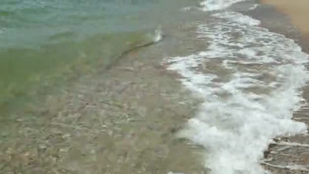 Closeup Sea Waves Washing Ashore Sandy Beach Slow Motion — Stock Video