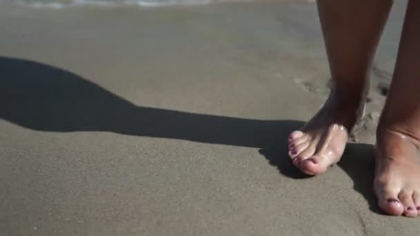 日焼けした女性の足の上に海の波を洗う 夏休みに海岸でリラックスしている美しい若い女性 晴れた日に女の子の足がビーチに横たわっている 閉じろ — ストック動画