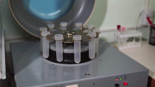 Tubos Ensayo Están Siendo Insertados Analizador Bioquímico Por Trabajador Laboratorio — Vídeo de stock