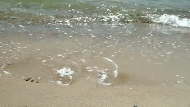 바다 파도 씻어 모래에 맨발의 흔적. — 비디오