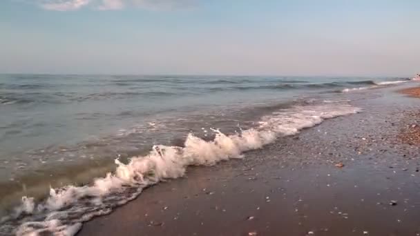 ビーチ 泡立つ海 海の波砂を洗う 砂のビーチを打つ波 波の音 — ストック動画