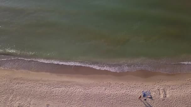 Vista Aérea Playa Las Olas Del Mar Salpicando Sobre Arena — Vídeo de stock