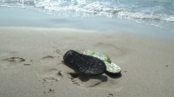 Мужские Тапочки Пляже Вымытые Водой — стоковое видео
