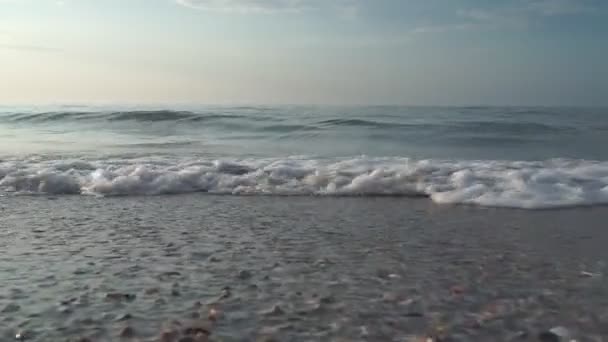 Пляж Піщаний Океан Морські Хвилі Миють Пісок Хвилі Ють Піщаним — стокове відео