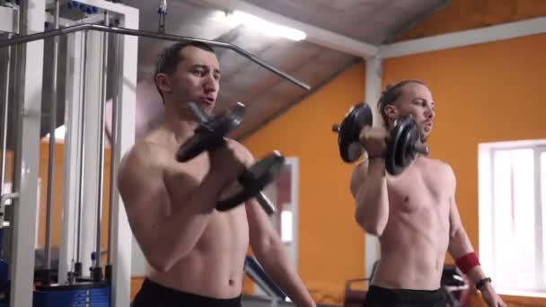 两名男子在体育俱乐部举重 在健身房用哑铃训练肌肉的人 英俊的健身教练在健身中心做举重运动 — 图库视频影像