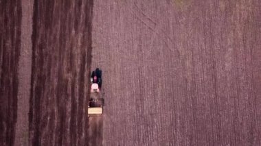 Atlı ekiciyle traktörün hava görüntüsü tarlaya ekin ekiyor. Tarlaya ekin ekme tekniği. Tohum ekmek toprağa ekme sürecidir..