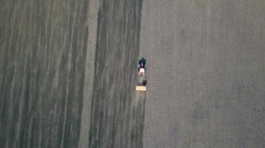 Atlı ekiciyle traktörün hava görüntüsü tarlaya ekin ekiyor. Tarlaya ekin ekme tekniği. Tohum ekmek toprağa ekme sürecidir..