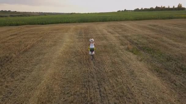Top View Woman White Dress Leading Bicycle Field Sunflowers Drone — Stock Video