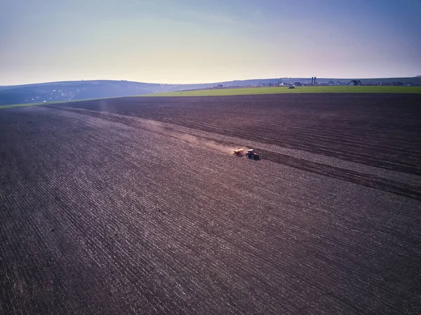 Tracteur Dans Champ Effectuant Des Semis Printemps Vue Dessus Depuis — Photo