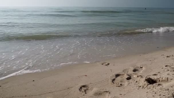 男子在海滩上散步 留下脚印 清澈的水暑假的概念 — 图库视频影像