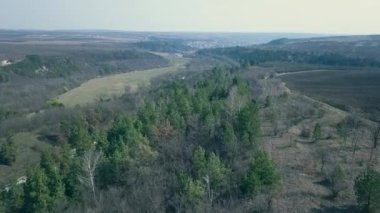 Ormanda Koşan Yol 'un Üzerinden Uçuş. Kasaba yolu ile sisli tepelerde DRONE Manzarası. Sinematik çekim. İlk baharatlar..