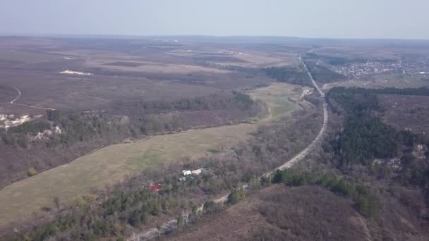 Aerial Flight Road Running Forest Drone View Misty Hills Country — Stock Video