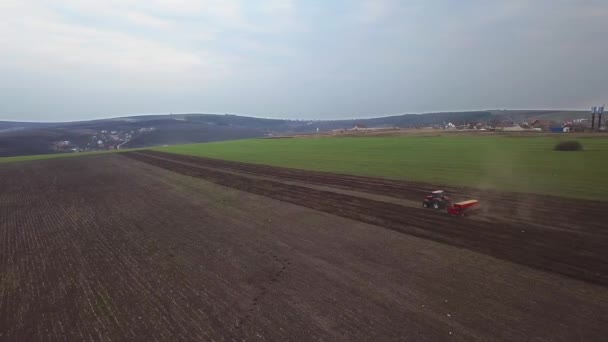 Aerial View Tractor Mounted Seeder Performing Direct Seeding Crops Plowed — Stock Video