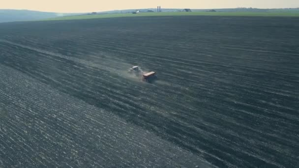 Aerial View Tractor Mounted Seeder Performing Direct Seeding Crops Plowed — Stock Video