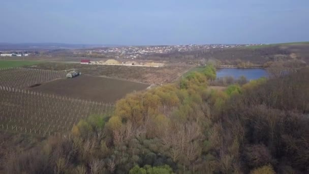 Lake And Fields from Drone.Lage luchtvlucht over het meer en velden Drone Aerial. Landbouwvelden in het voorjaar. — Stockvideo