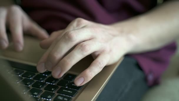 フリーランスは 高価なホテルやアパートで仕事をしています ノートパソコンのキーボードにすぐにテキストを印刷する女性の手に近いショットは 女性たちが働いている — ストック動画
