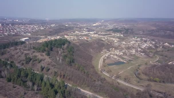 Drone Flying European Small Village Surrounded Hills Forests Early Spring — Stock Video