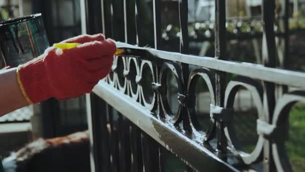 Hand Brush Painting Iron Fence — Stock Video