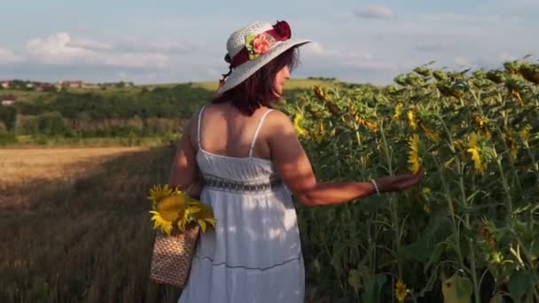 Kvinna Hatt Och Vit Klänning Går Ett Fält Med Solrosor — Stockvideo