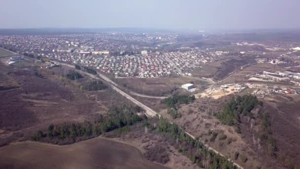 Drone Flying European Small Village Surrounded Hills Forests Early Spring — Stock Video