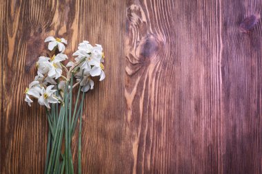 Ahşap bir masada yeni kesilmiş beyaz narsistler. Boşluğu kopyala.