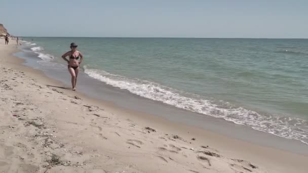 Sur Une Plage Tropicale Belle Scène Une Femme Marchant Sur — Video