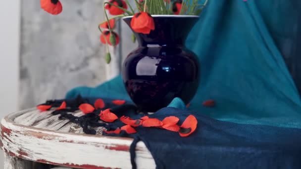 Still Life Red Poppies Coffee Wintage Wooden Chair — Stock Video