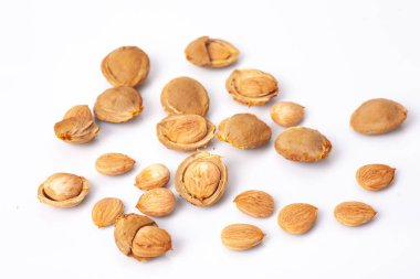 Kayısı çekirdeği beyaz arka planda izole edilmiş, doğal gıda