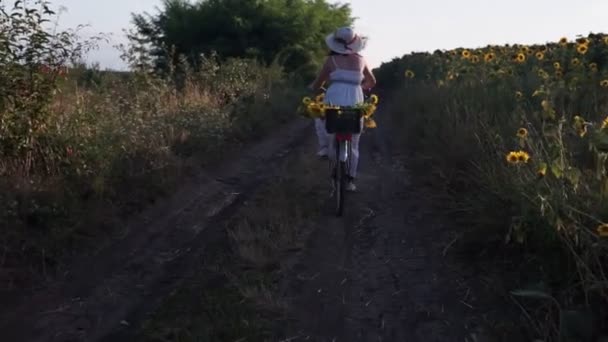 Strzał Młodej Kobiety Lekkiej Sukience Kapeluszu Jeżdżącej Rowerze Wiejskich Drogach — Wideo stockowe
