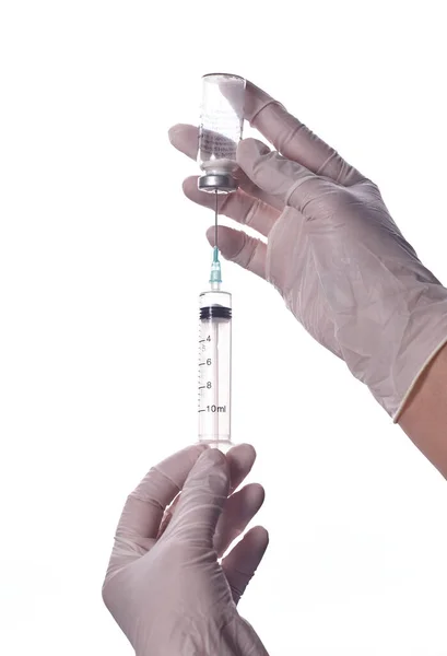 Läkaren Får Vaccinet Sprutan Glasflaska Teknikers Hand Flaska Med Ett — Stockfoto