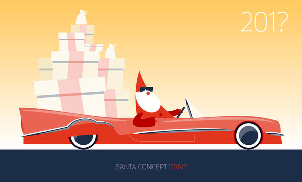 Steep Santa Claus rides on cool wheelbarrow and carries gifts to children 2015. Vector illustration