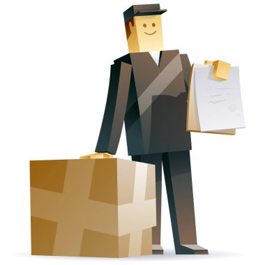 Teslimatçı. Bir postacı bir sandık ve belgeler ile vektör çizim.