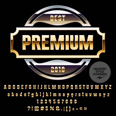 Vektör altın ve krom Logo şablonu. Harf, sayı, sembolleri trendy kümesi. Grafik stili yazı tipi