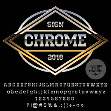 Vektör Logo şablonu. Alfabe harfler, sayılar ve simgeler kümesi gümüş. Krom yazı tipi grafik stili içerir