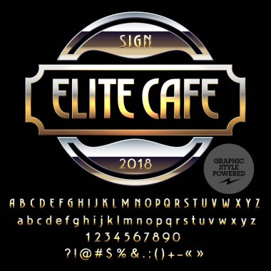 Elit Cafe için vektör altın ve gümüş Logo şablonu. Lüks ayarla harfler, sayılar, simgeler. Grafik stili yazı tipi