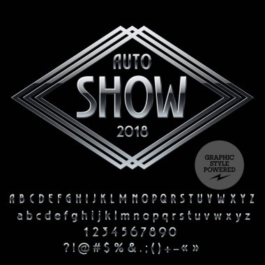 Vektör gümüş alfabe logolu Otomobil Fuarı için ayarlayın. Krom yazı tipi grafik stili içerir