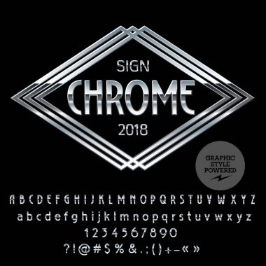 Vektör Logo şablonu. Alfabe harfler, sayılar ve simgeler kümesi krom. Gümüş yazı tipi grafik stili içerir