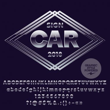 Gümüş lüks araba için logo tasarımı ve Sportcar Dükkanı. Vektör alfabe ayarlayın. Krom yazı tipi grafik stili içerir