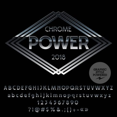 Vektör gümüş Logo şablonu. Krom harfler, sayılar, simgeler kümesi. Grafik stili yazı tipi.